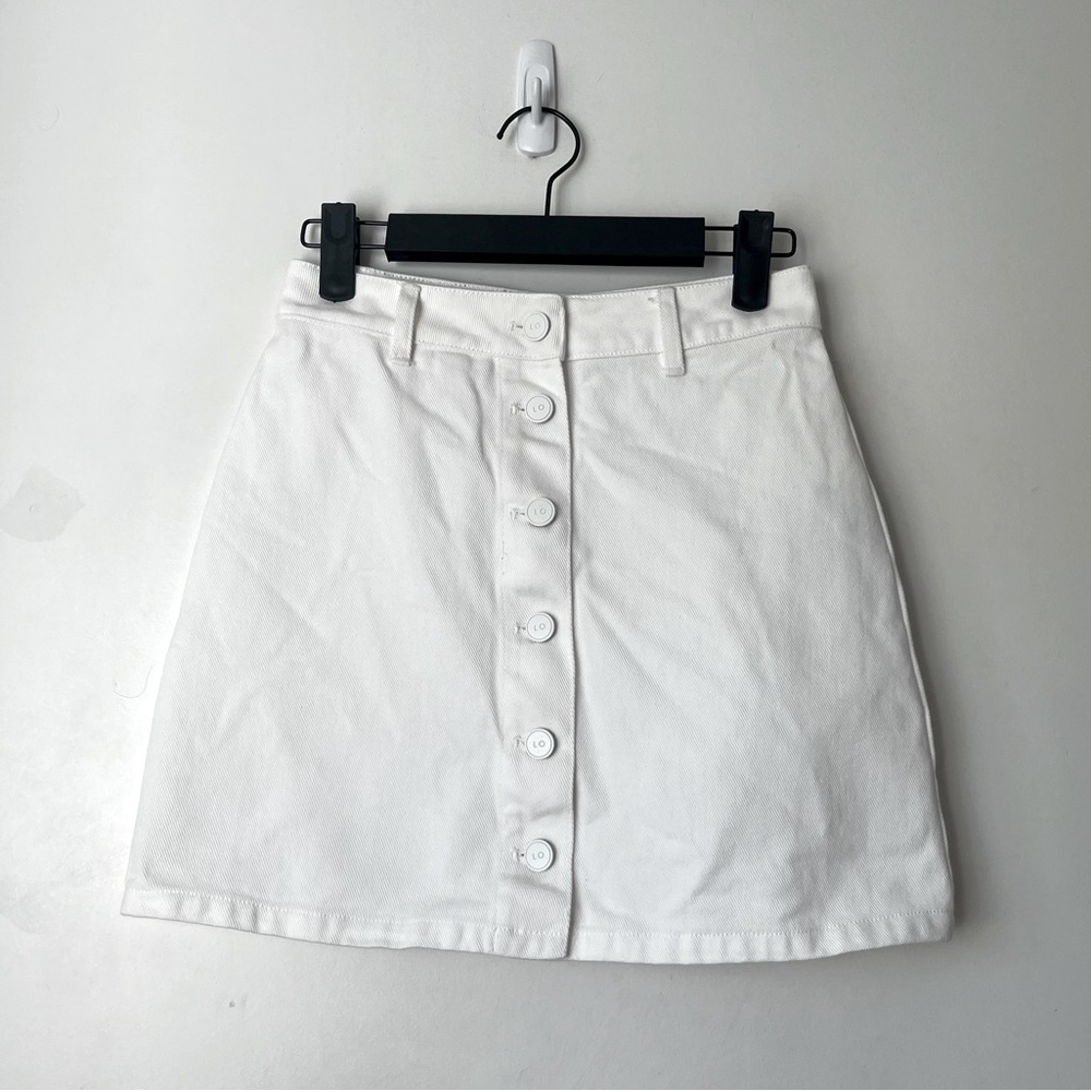 Lazy Oaf White Denim Button Front Mini Skirt Uk 6… - image 1